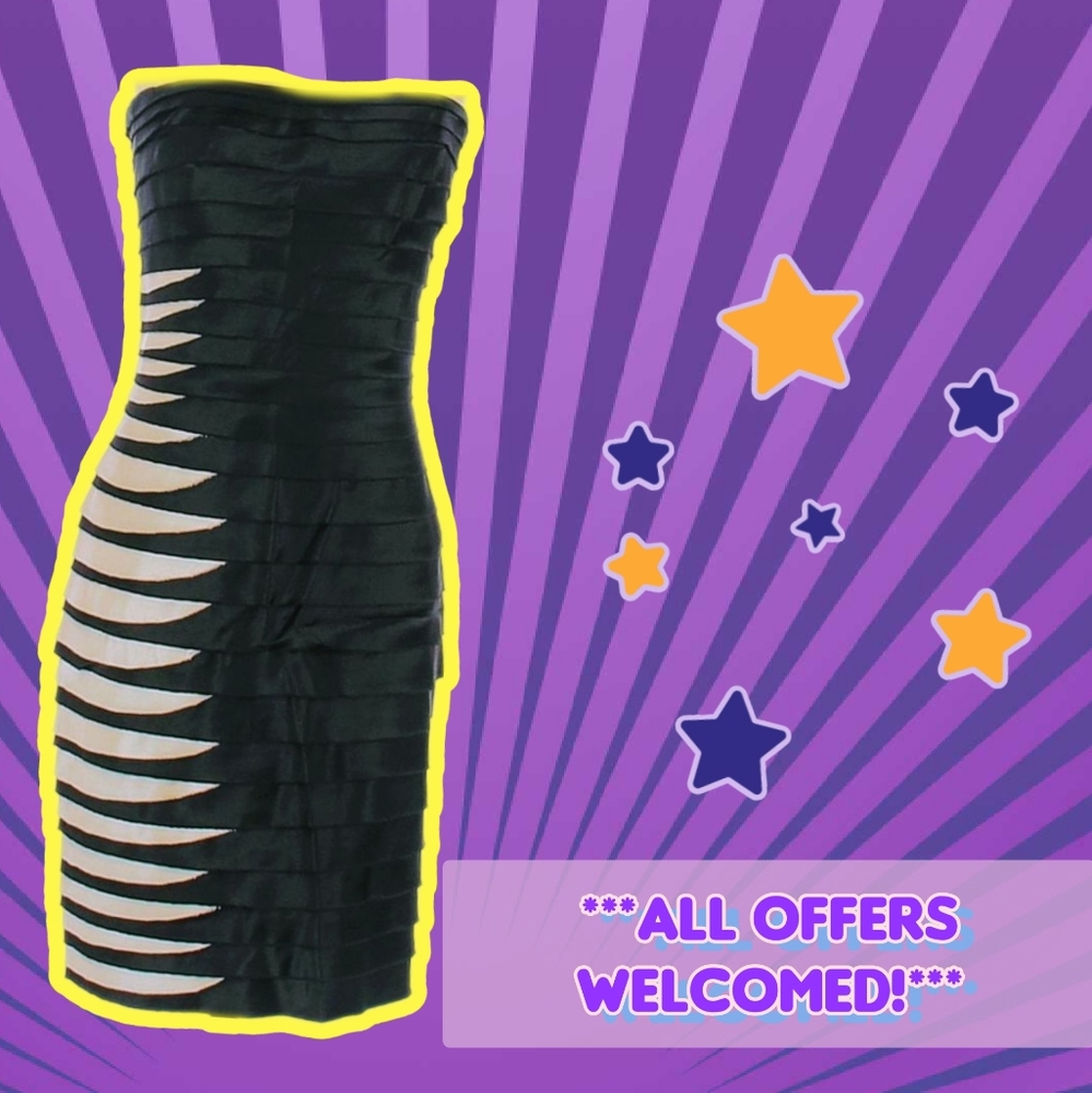 BCBGMAXAZRIA-EUC-RARE- BLACK&WHITE DOWN RIGHT SIDE STRAPLESS DRESS